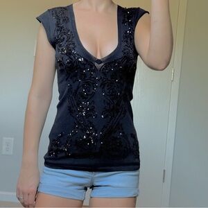 Cute IISLI Brand Black V Neck Sequin Shirt Sweater Vest